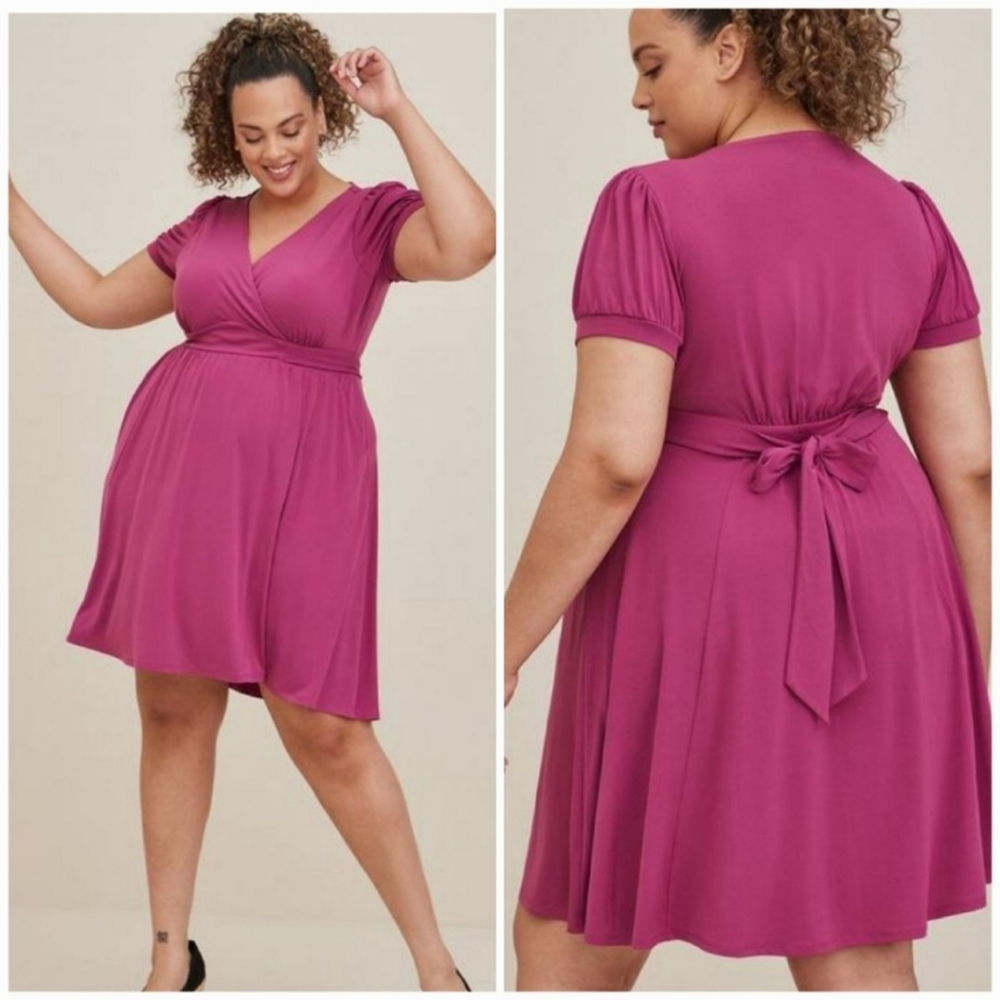 Torrid, New, Mini Studio Knit Surplice Puff Sleeve Dress in Boysenberry, 3X